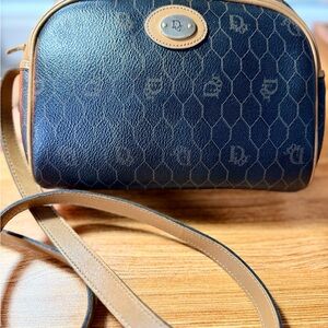 Dior Vintage Black Honeycomb and Brown Leather Crossbody Bag